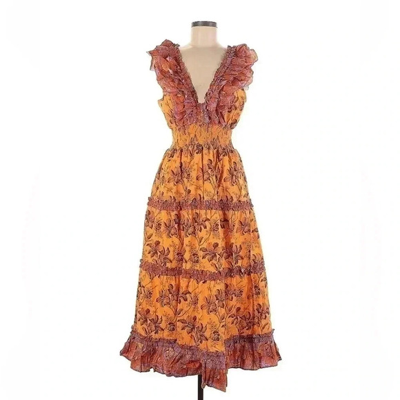 Anthropologie Love The Label Azalea Ruffled Midi Dress Beryl Mango Print Size M - Picture 5 of 7